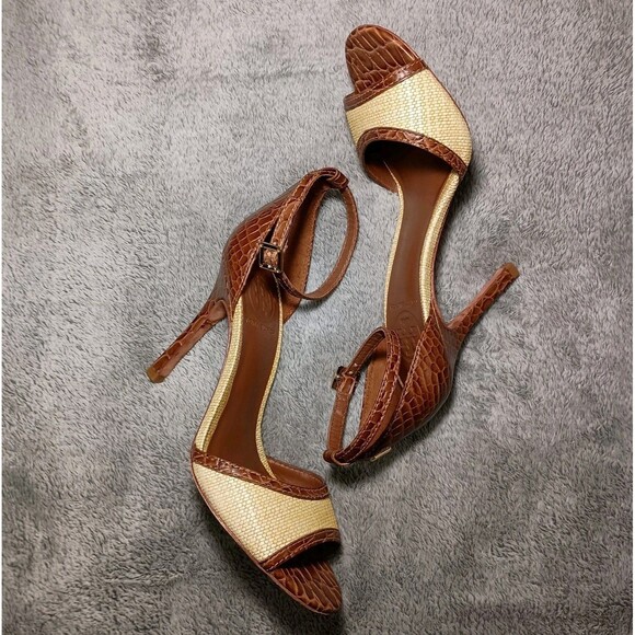 Tory Burch Croc Designed Ankle Strap Peep Toe Leather Heels Sandals Size 7M 7 M - Picture 8 of 16